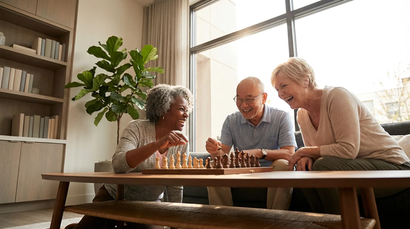 A diverse group of seniors socializes and plays a board game in a sunlit room.