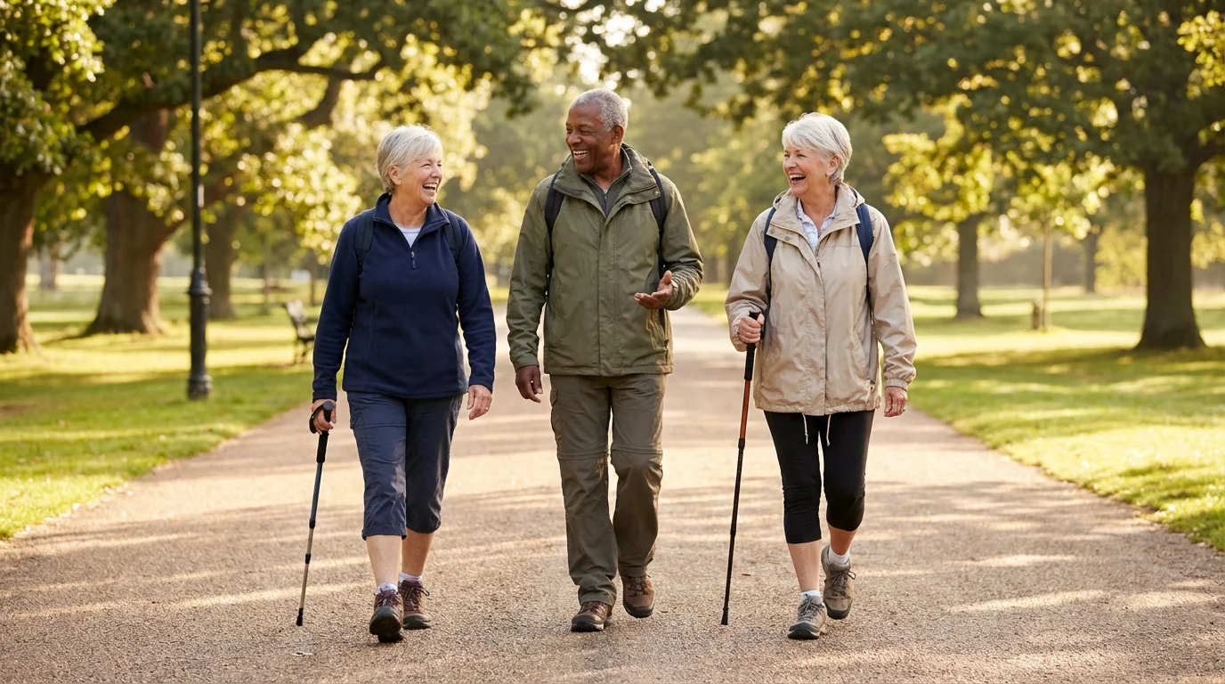 A diverse group of smiling seniors enjoying a social walk together in a sunny park.