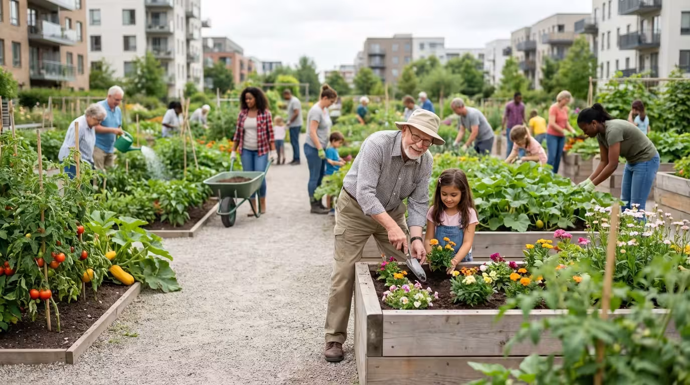 A diverse, intergenerational group of volunteers working together in a vibrant urban community garden.