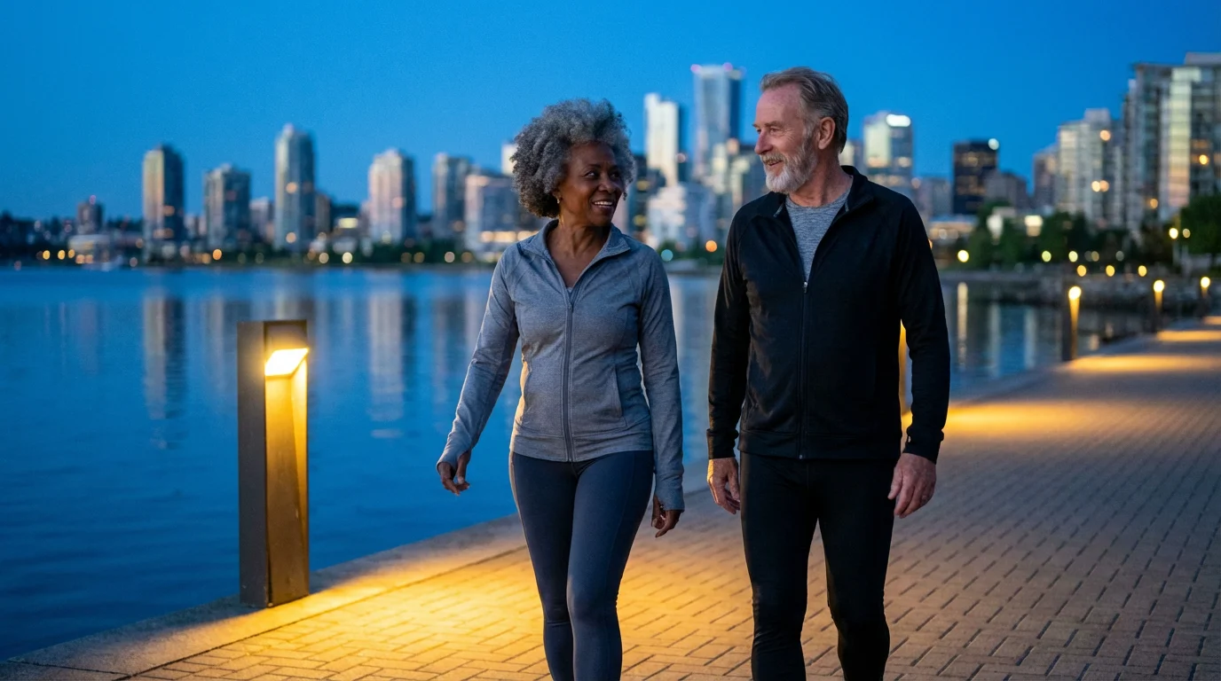A diverse senior couple enjoys a healthy evening walk along a waterfront park path.