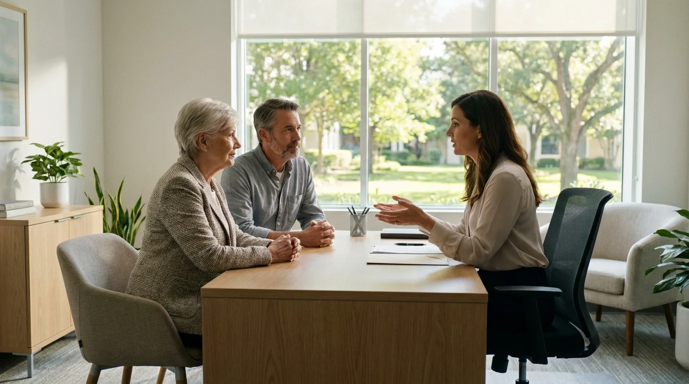 A family discusses future care options with a retirement community director in a sunlit office.