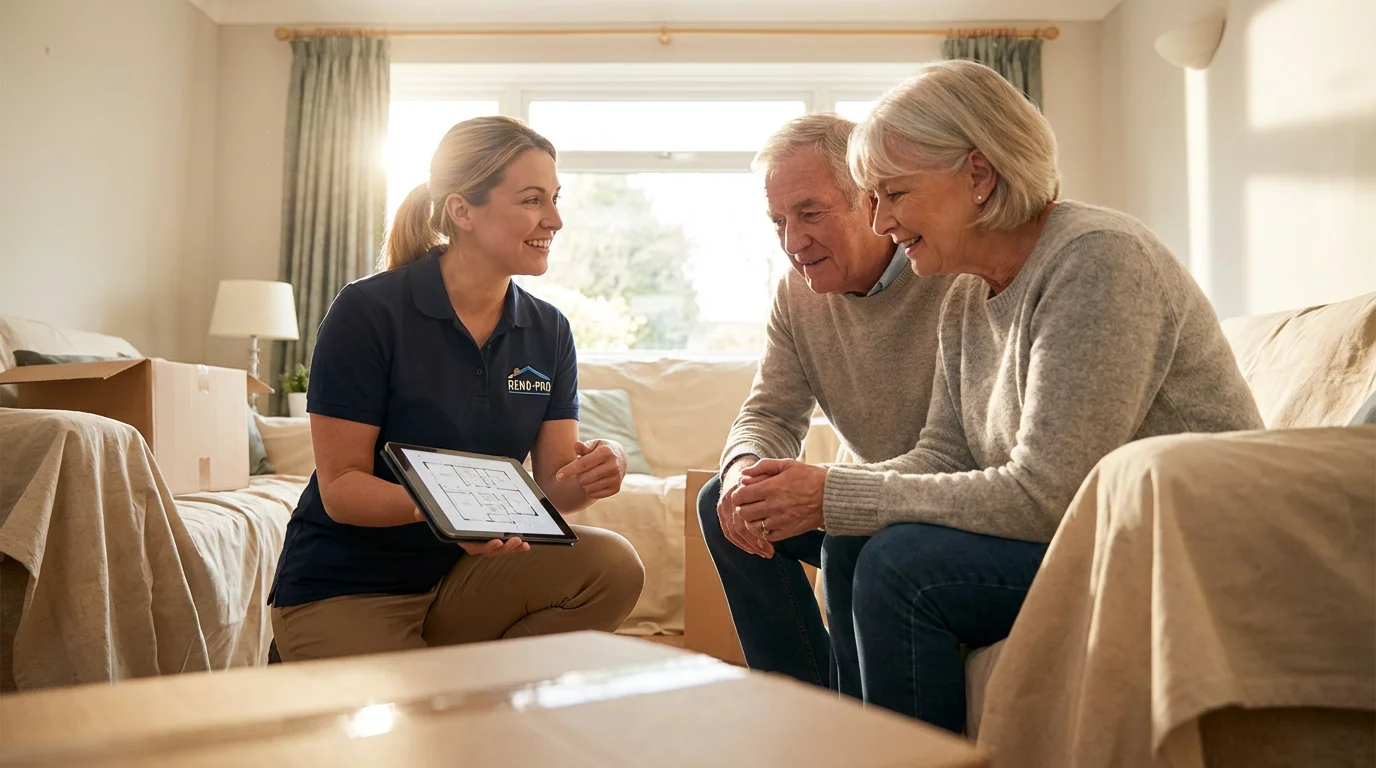 A female contractor discusses remodeling plans on a tablet with a senior couple during golden hour.