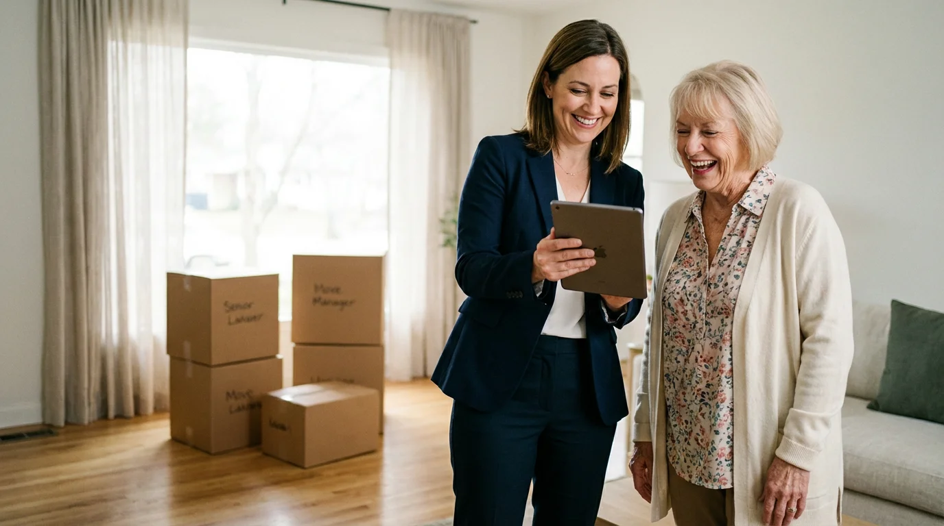 A female senior move manager and an older woman planning a move on a tablet.