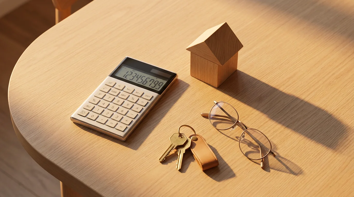 A flat lay of a house model, keys, and a calculator for home sale tax planning.