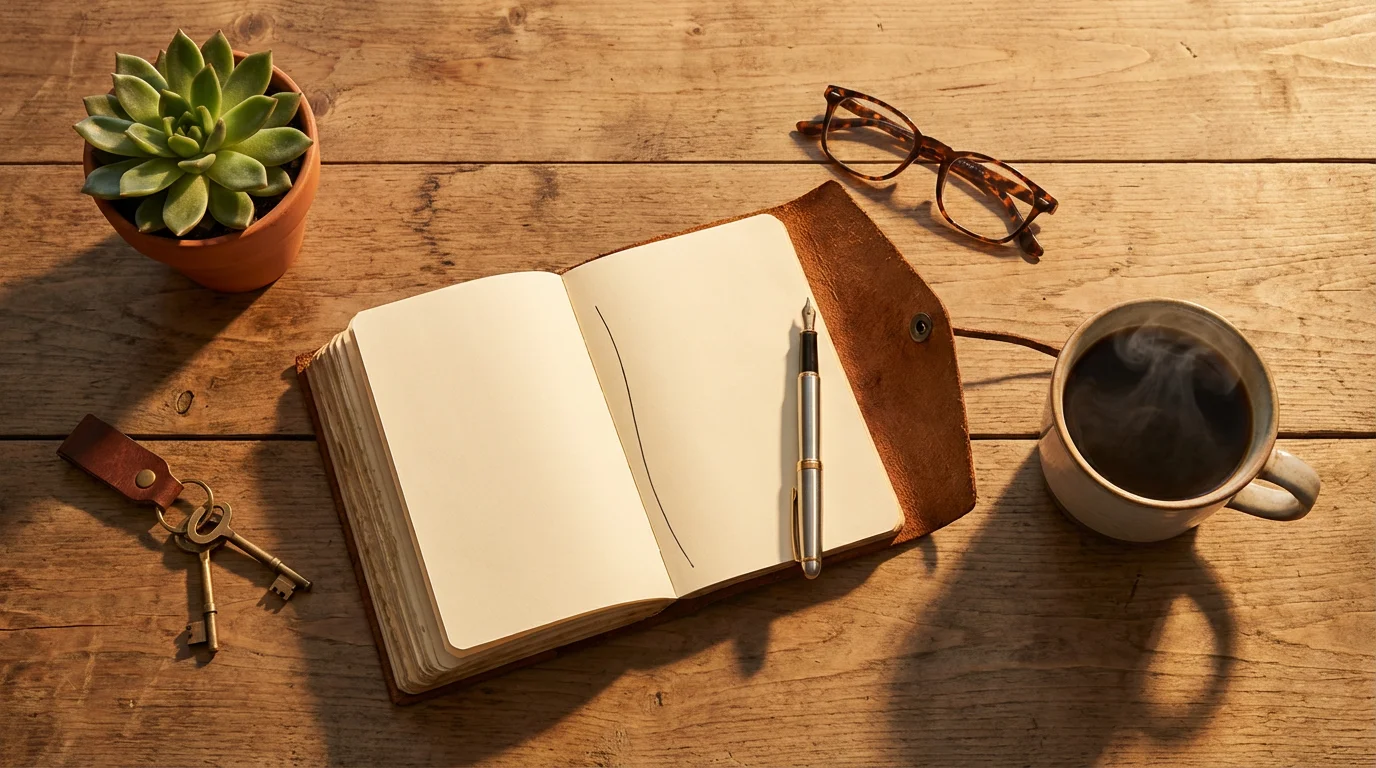 A flat lay of a journal, pen, keys, and coffee on a wooden table.
