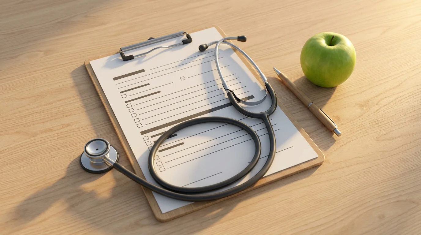 A flat lay of a medical questionnaire, stethoscope, and apple during golden hour.