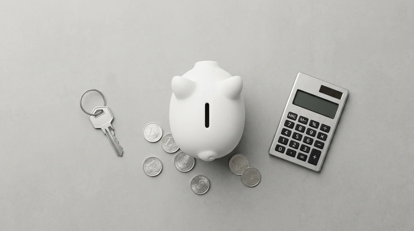 A flat lay of a piggy bank, calculator, key, and coins for budgeting.
