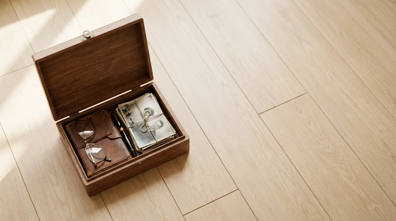 A flat lay of a senior's small wooden memory box on a clean floor.