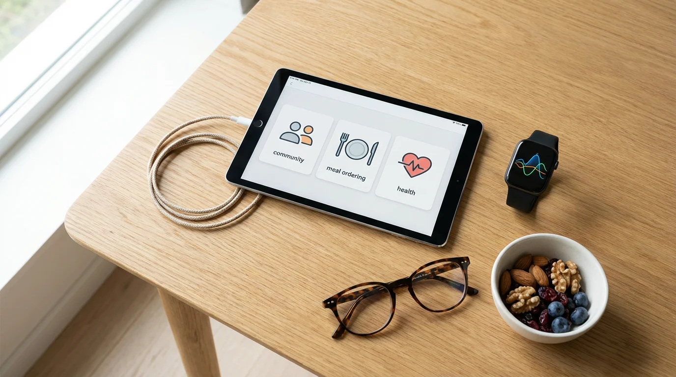 A flat lay of a tablet and smartwatch for seniors on a wooden table.