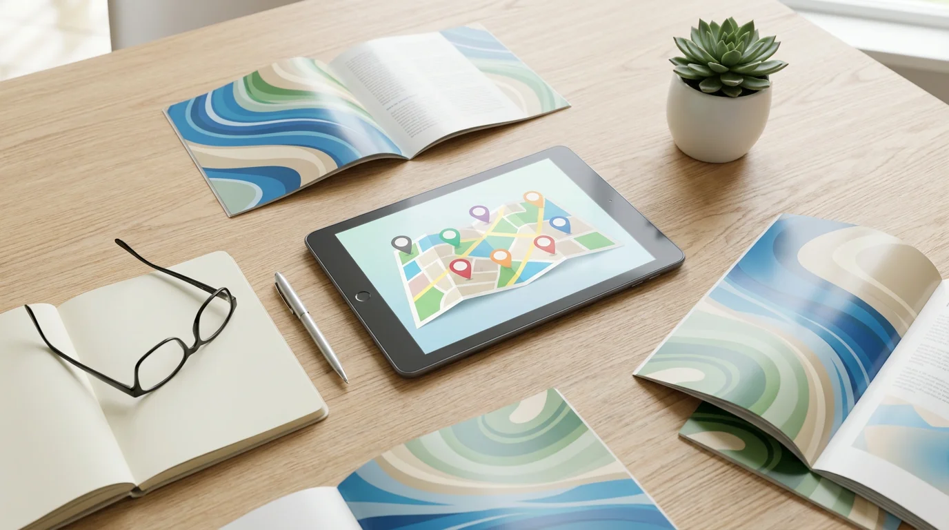 A flat lay of a tablet, brochures, and eyeglasses for researching senior community options.