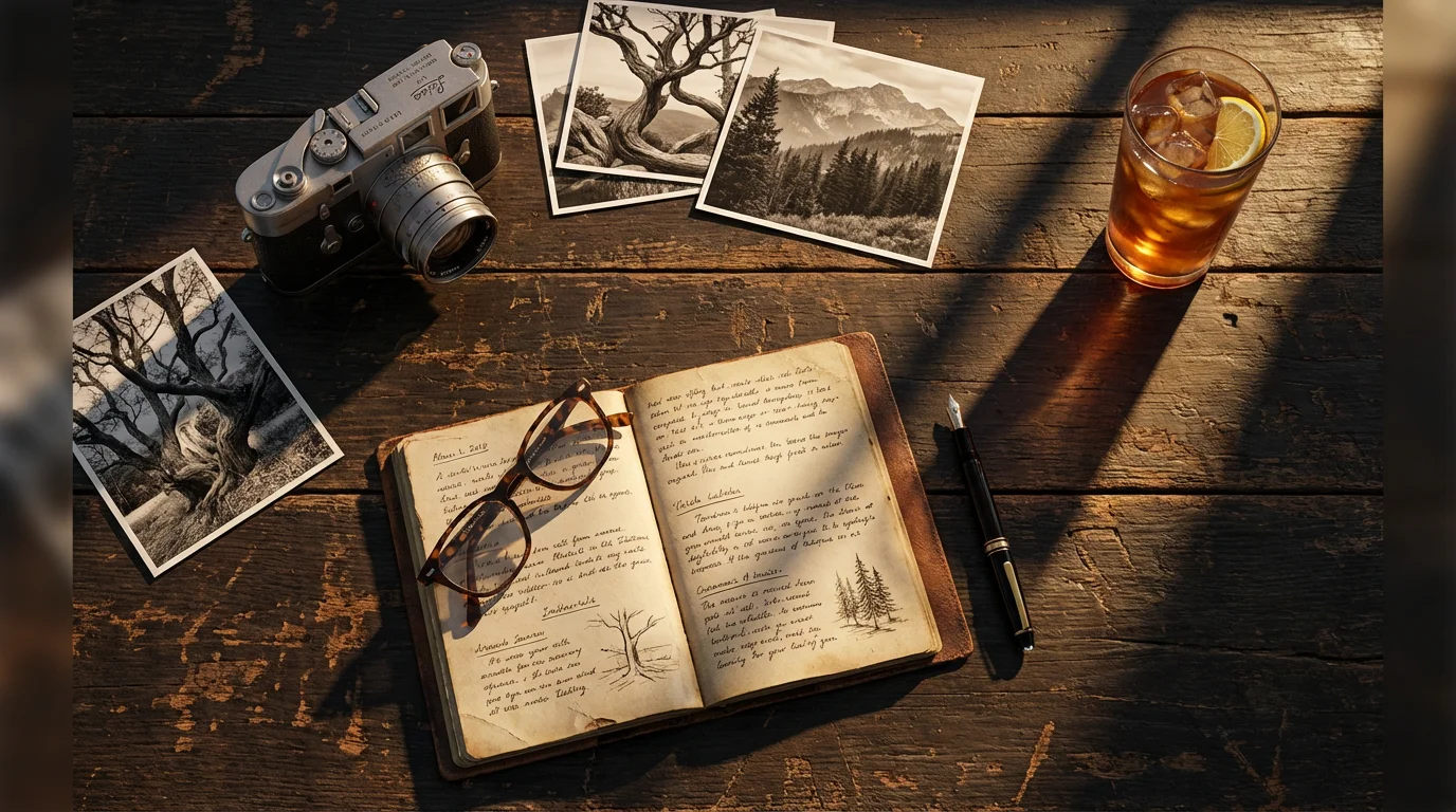 A flat lay of a vintage camera, photos, and a journal on a desk.