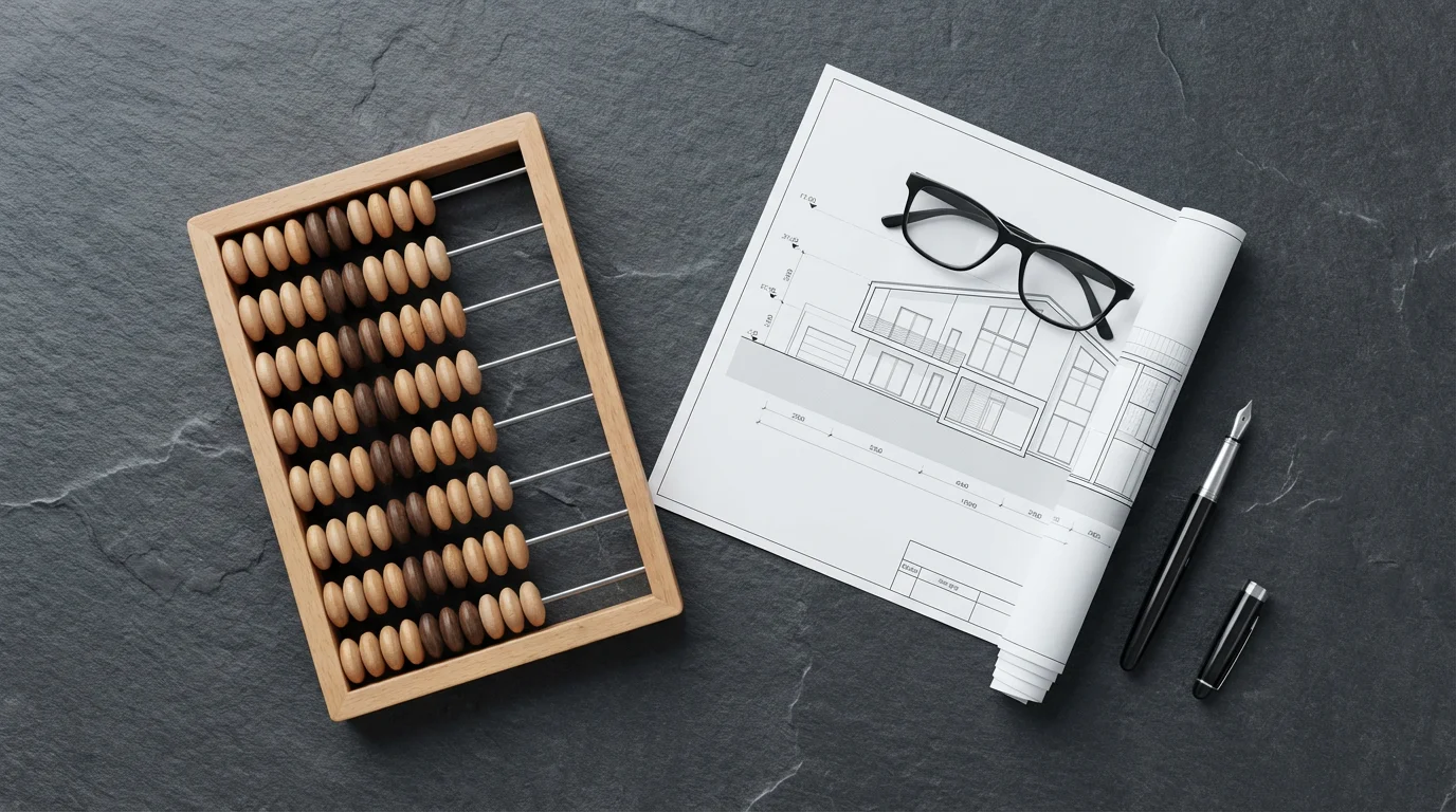 A flat lay of an abacus, blueprints, and glasses representing home sale financial planning.
