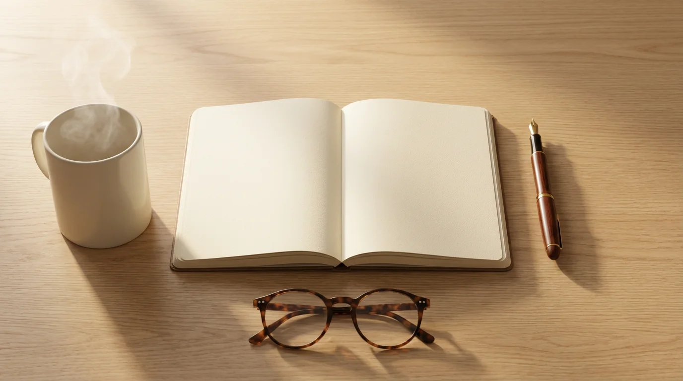 A flat lay of an open notebook, pen, and coffee, representing planning questions.