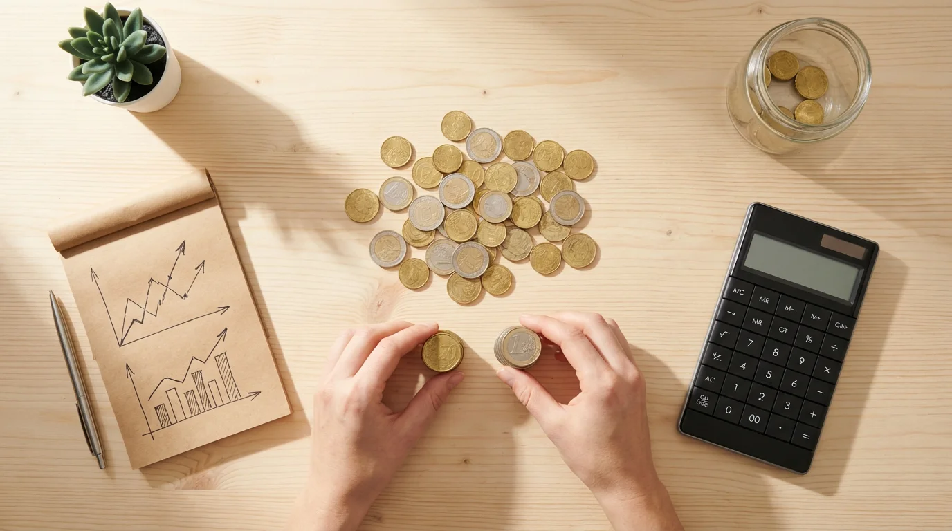 A flat lay of coins being sorted on a desk with a calculator for financial planning.