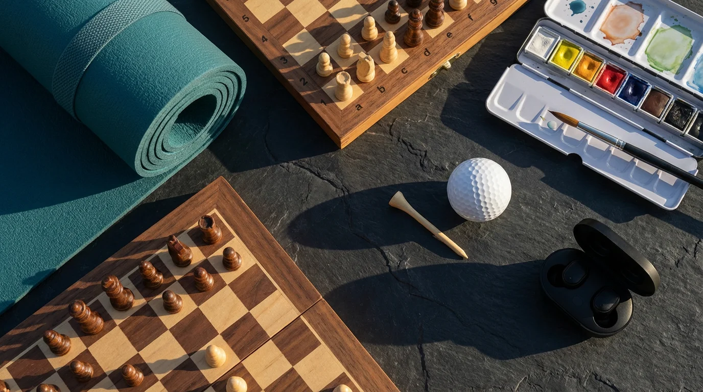 A flat lay of diverse hobby items like a chess board, golf ball, and yoga mat.