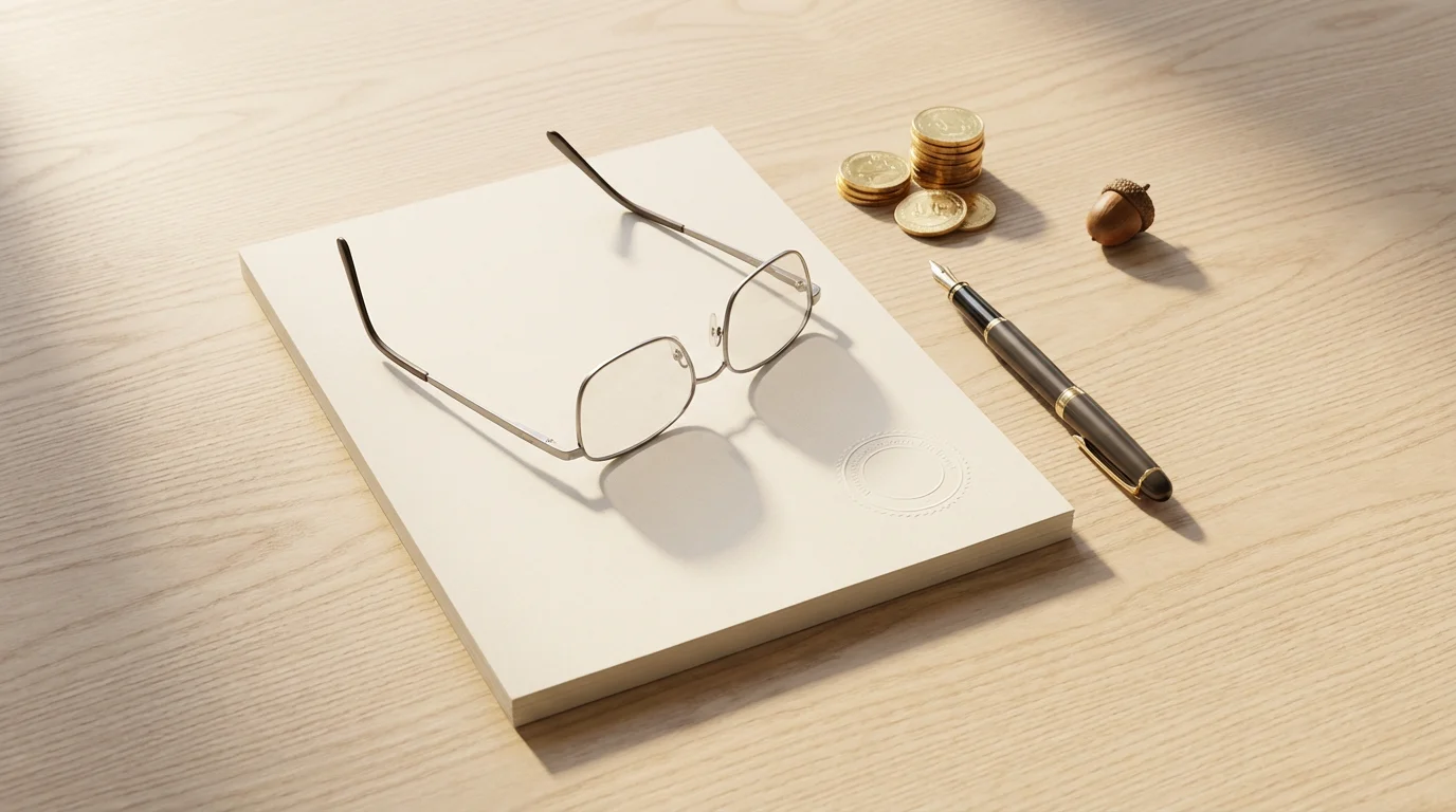 A flat lay of financial planning items: glasses, pen, document, coins, and an acorn.
