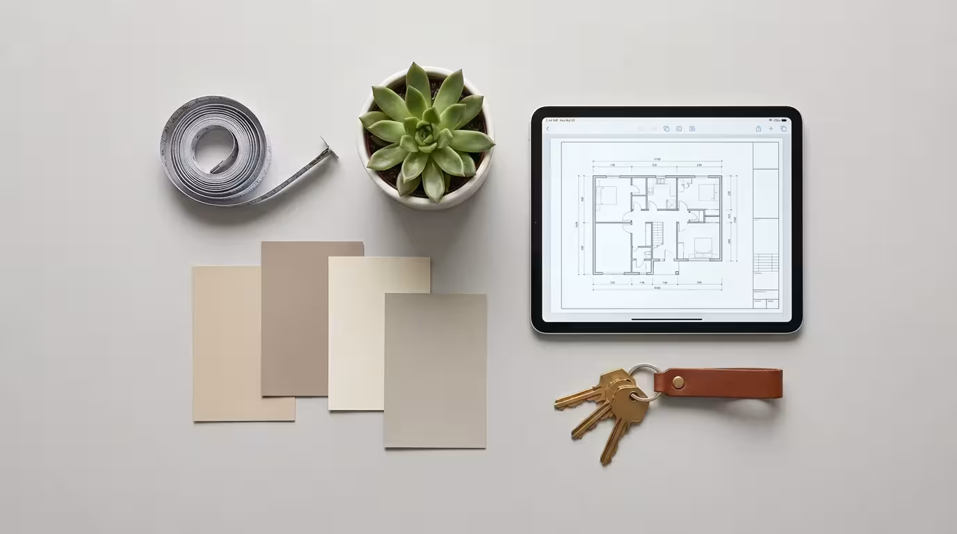 A flat lay of home staging items: paint swatches, a tablet with a floor plan.