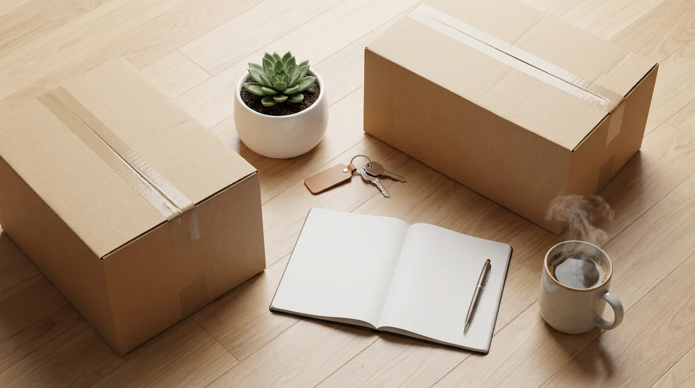 A flat lay of moving boxes, a houseplant, coffee, a notebook, and keys.