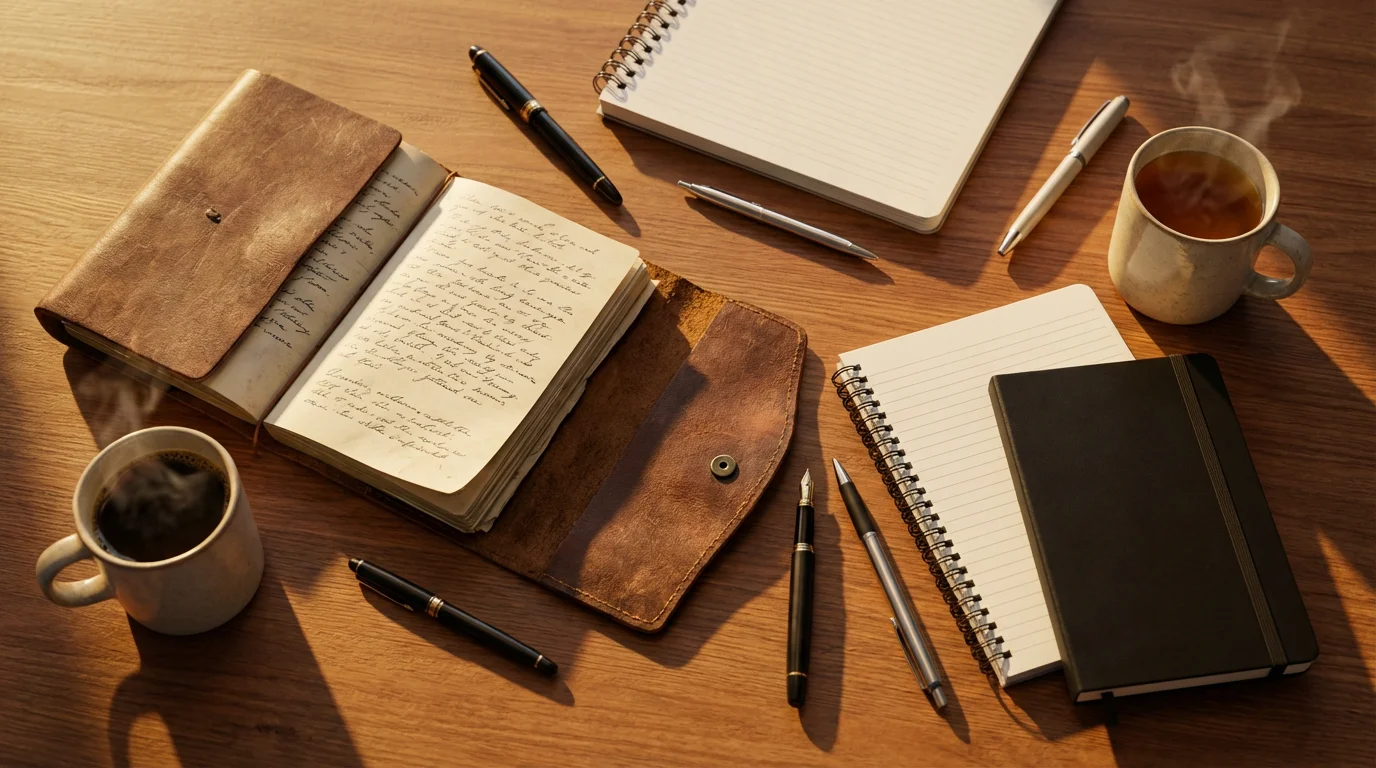 A flat lay of notebooks, pens, and coffee mugs on a sunlit wooden table.