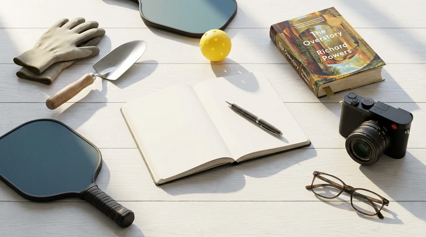 A flat lay of objects representing active adult hobbies like gardening, pickleball, and reading.