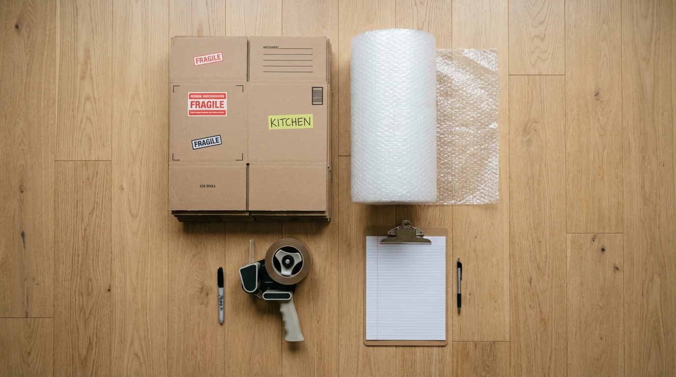 A flat lay of organized moving supplies including boxes, bubble wrap, and tape.