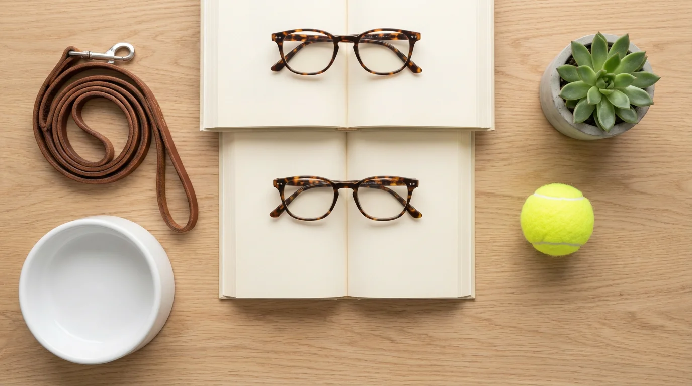 A flat lay of senior and pet items: glasses, a book, a leash, and a bowl.