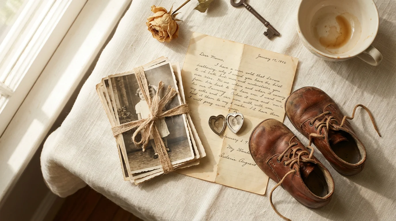 A flat lay of sentimental heirlooms: old photographs, a letter, and baby shoes.