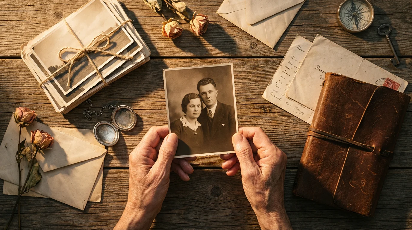 A flat lay of sentimental items like old photos and letters during golden hour.