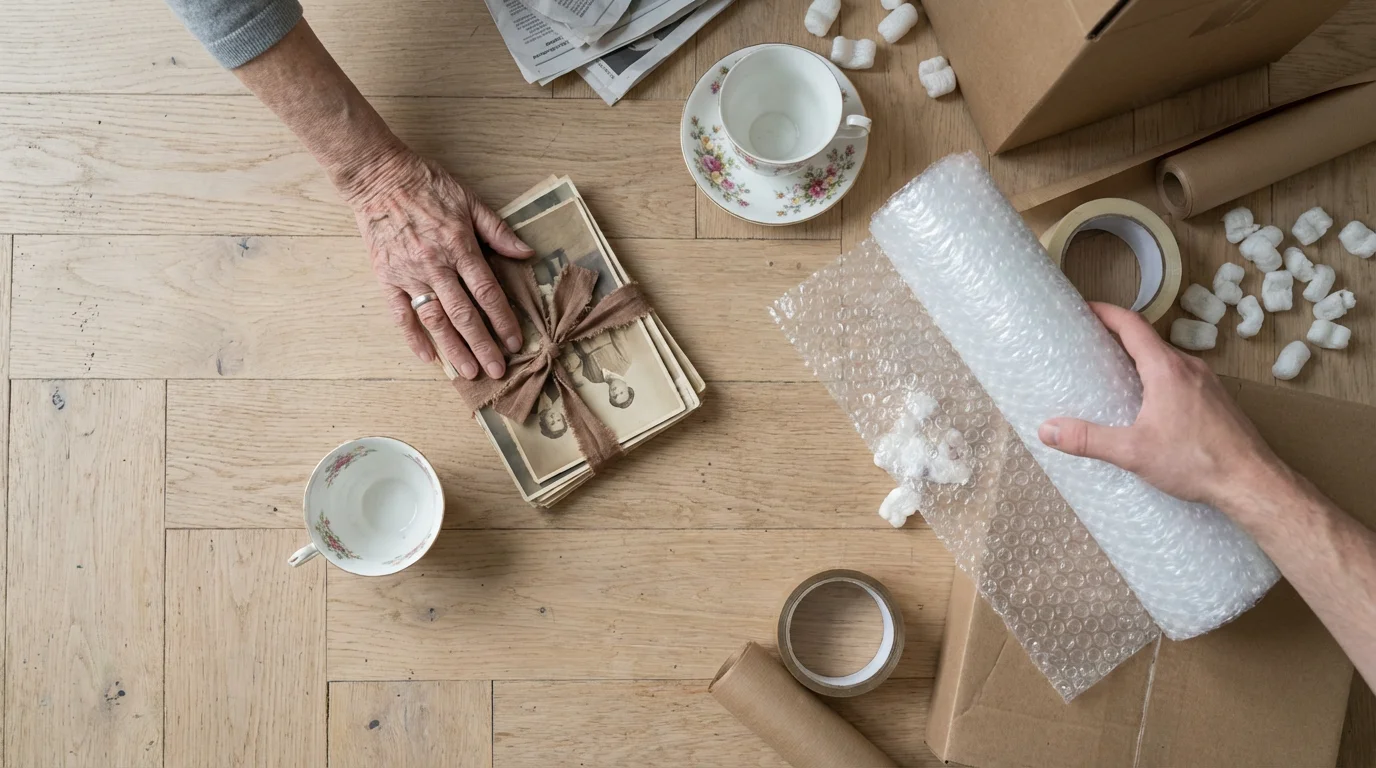 A flat lay of sentimental photos and a teacup alongside packing supplies, showing downsizing.