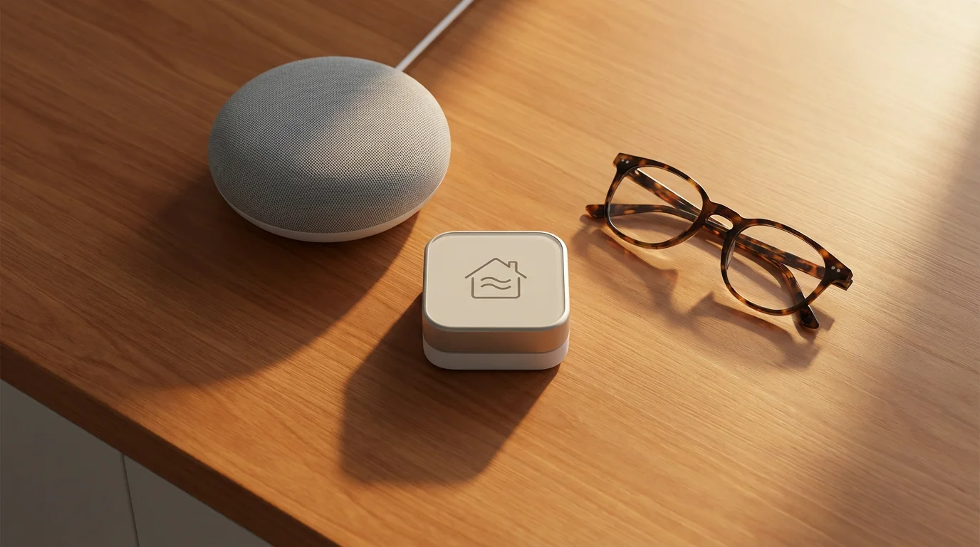 A flat lay of smart home devices for seniors on a wooden table.