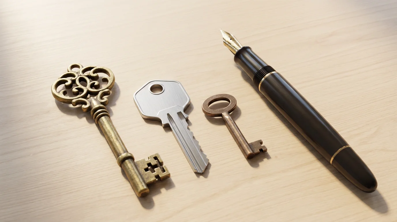 A flat lay of three different keys—brass, silver, and bronze—symbolizing financial contract choices.