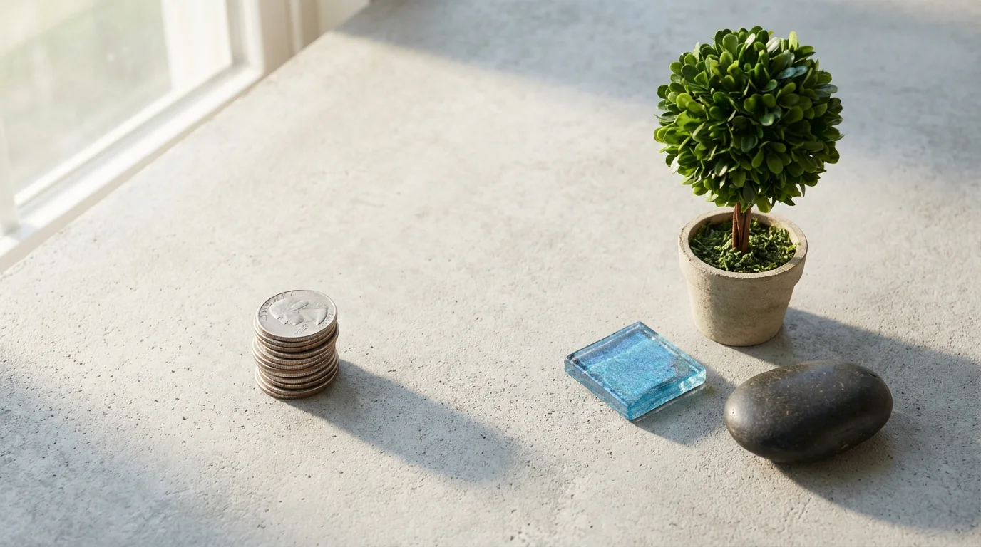 A flat lay photo comparing a stack of coins against objects representing HOA amenities.