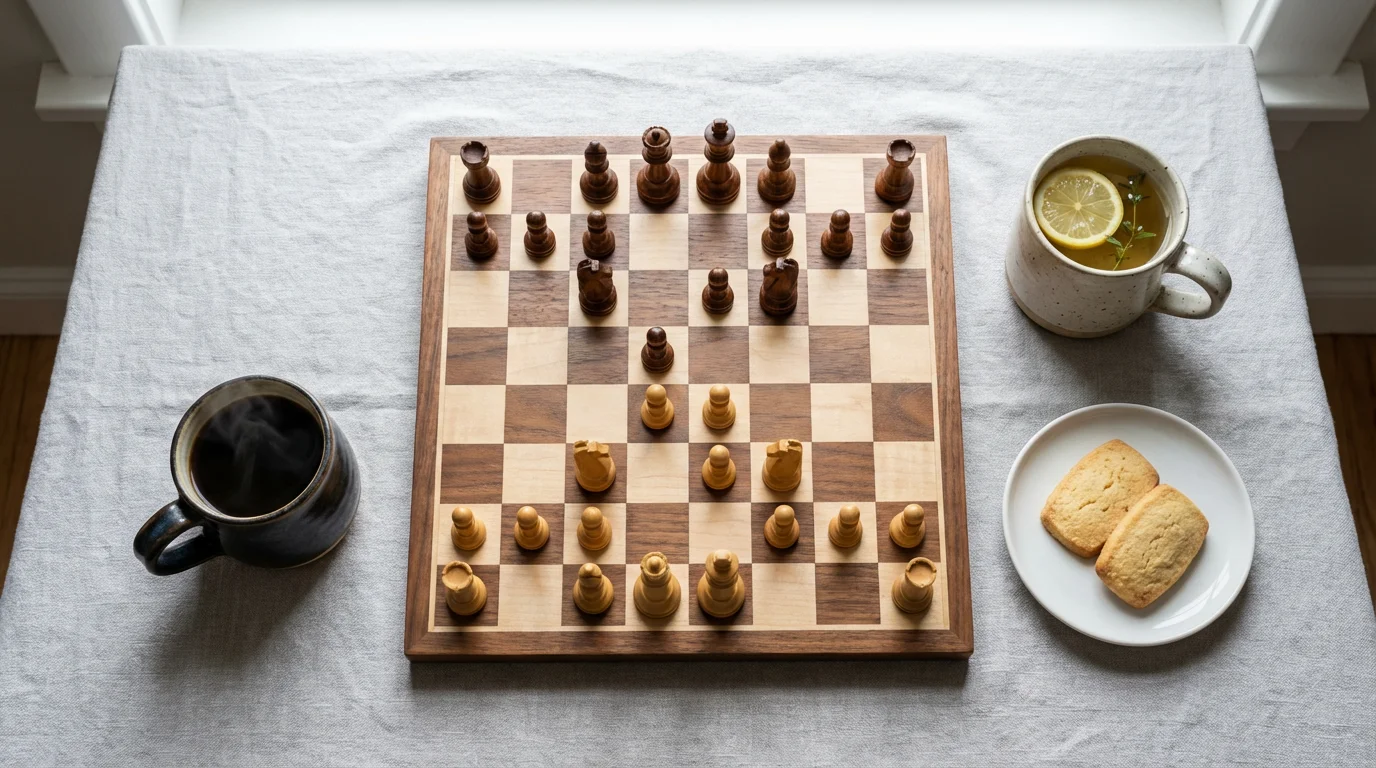 A flat lay photo of a chessboard mid-game with two mugs of coffee and tea.
