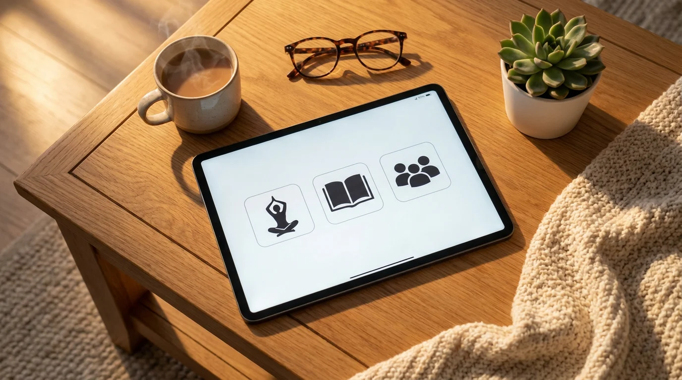 A flat lay photo of a tablet showing a community app on a table.