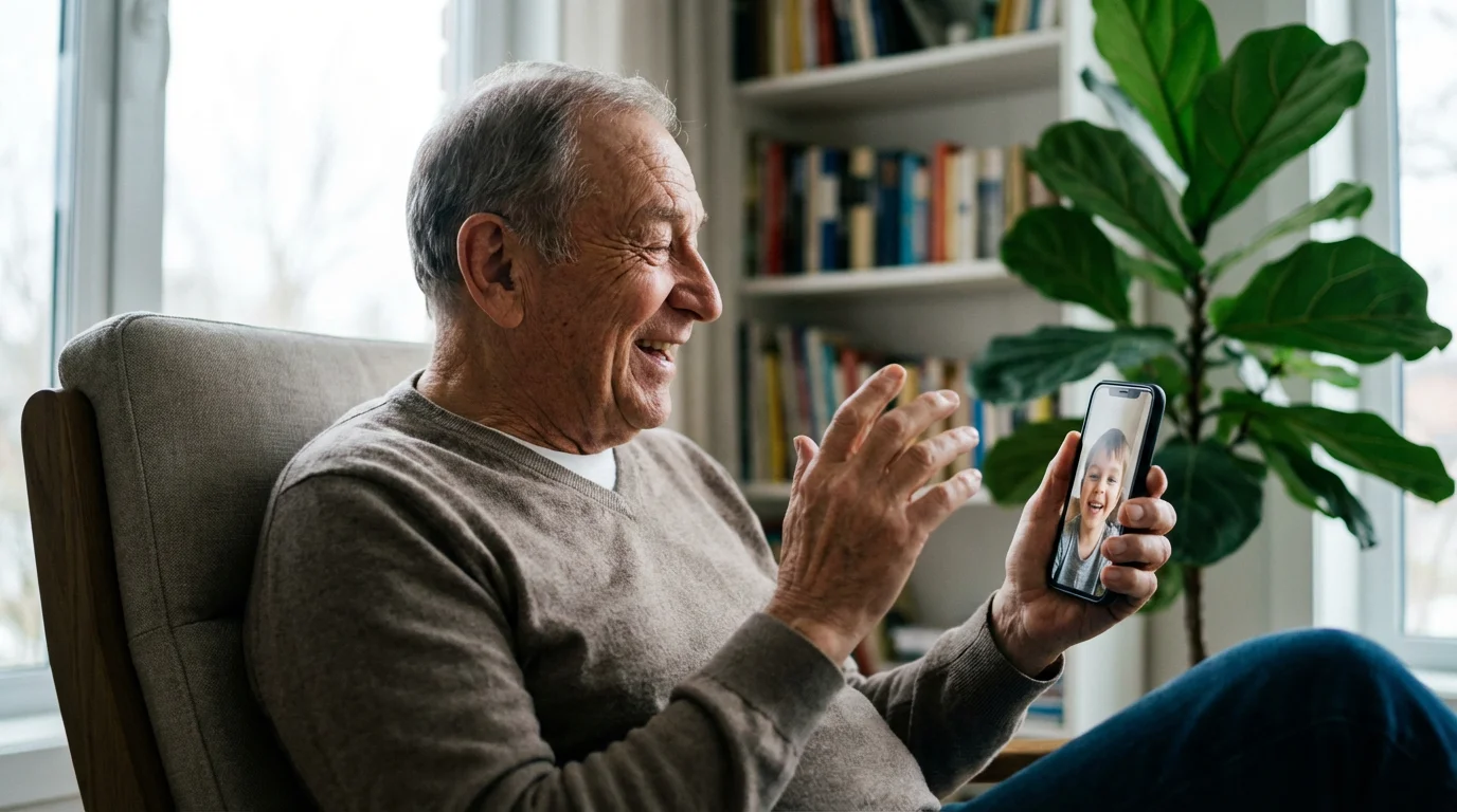A grandfather reads to his grandchild over a video call on his smartphone.