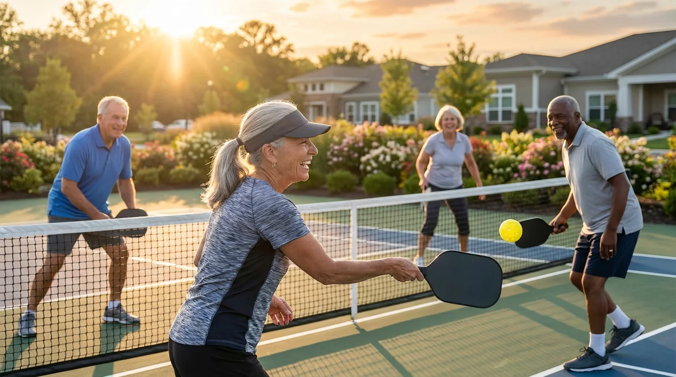 A group of active seniors enjoying a game of pickleball during a golden sunset.