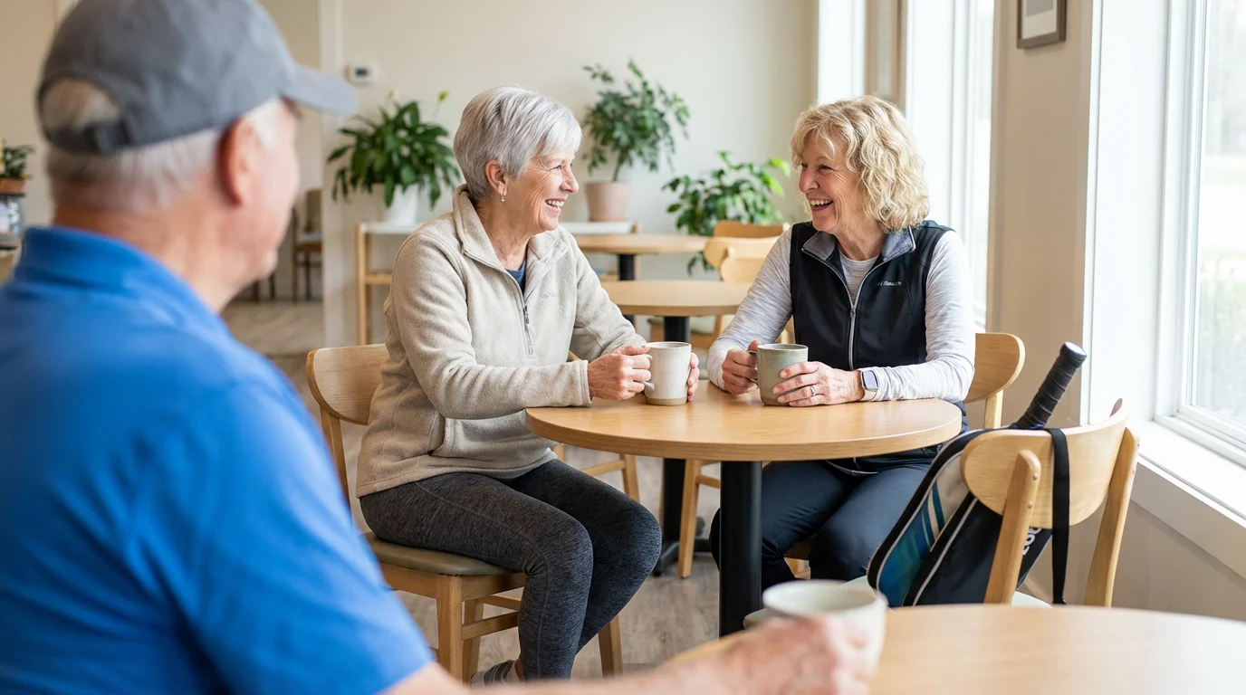 A group of active seniors laughing and drinking coffee in a cafe after pickleball.