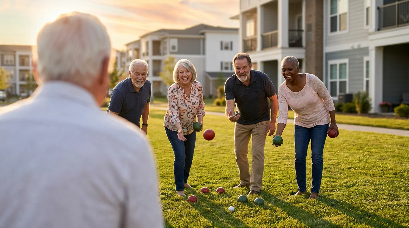 A group of active seniors playing bocce ball at a retirement community at sunset.