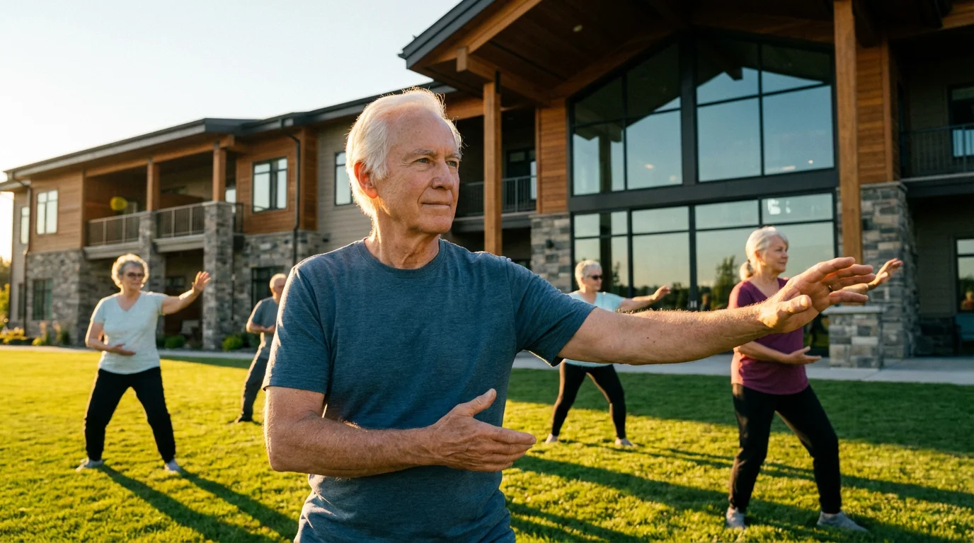 A group of active seniors practicing tai chi on a lawn during golden hour.