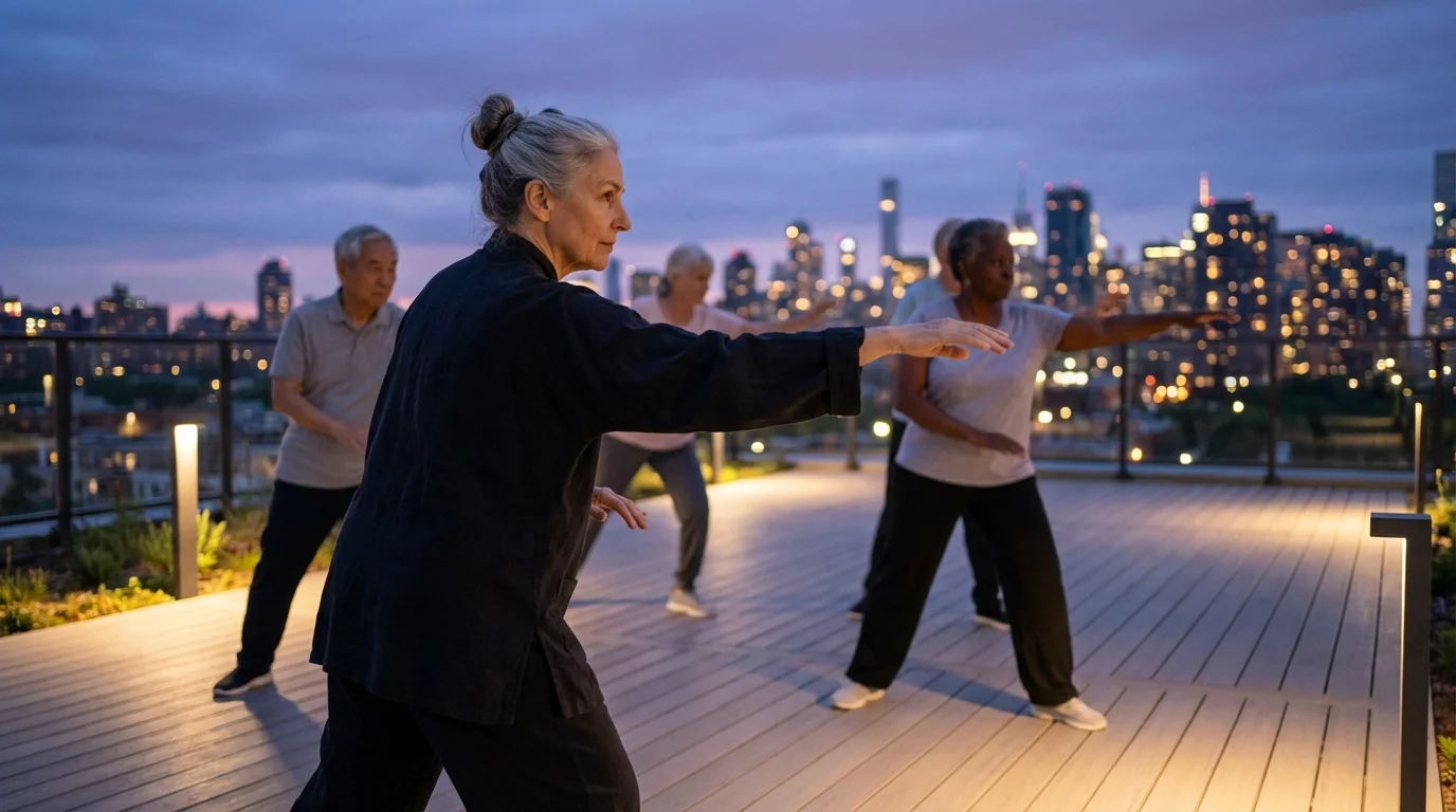 A group of diverse seniors practicing Tai Chi on a city rooftop at dusk.