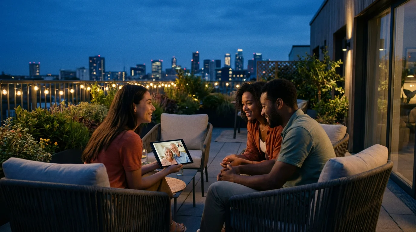 A group of friends on a city rooftop at dusk video calling family.