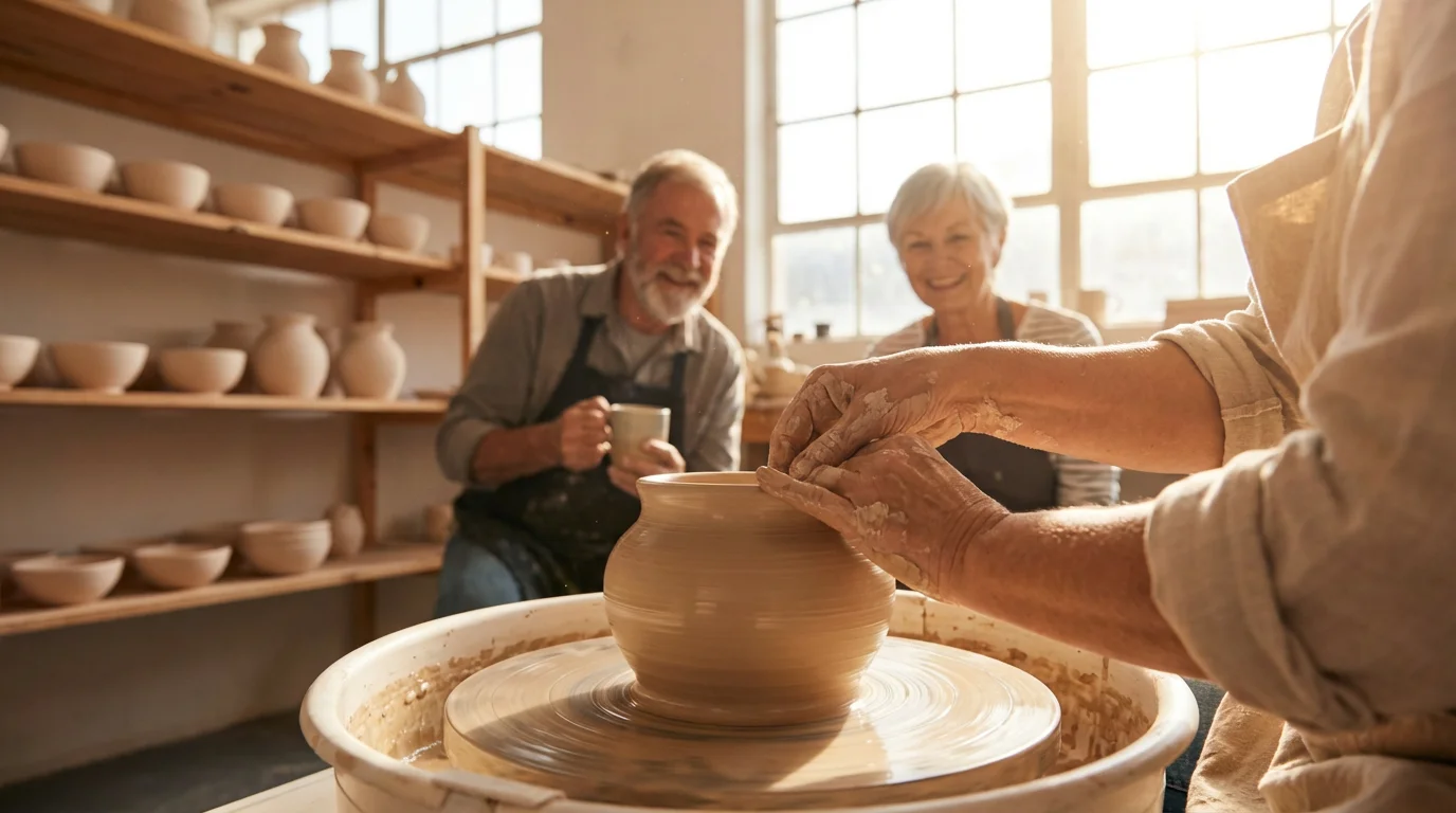A group of smiling seniors attending a creative pottery class in a sunlit studio.