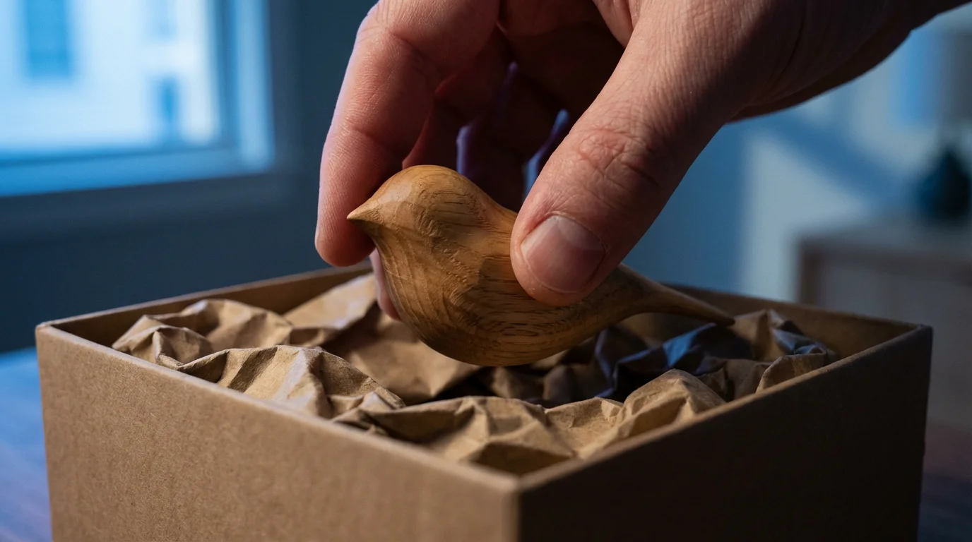 A hand places a small wooden bird carving into a cardboard packing box.
