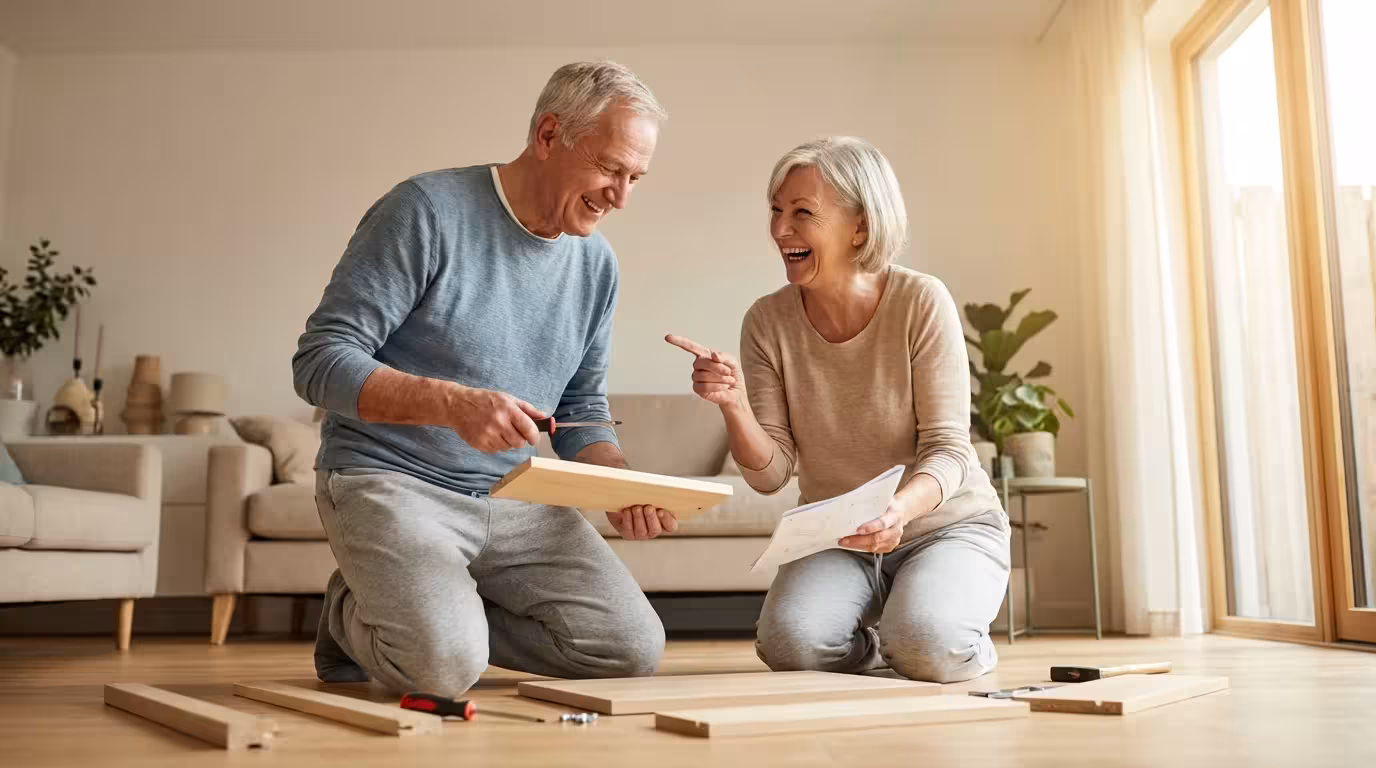 A happy senior couple build furniture together in their sunlit, modern living room.
