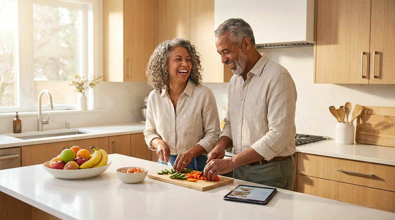 A happy senior couple prepares a healthy meal in their bright, modern kitchen.