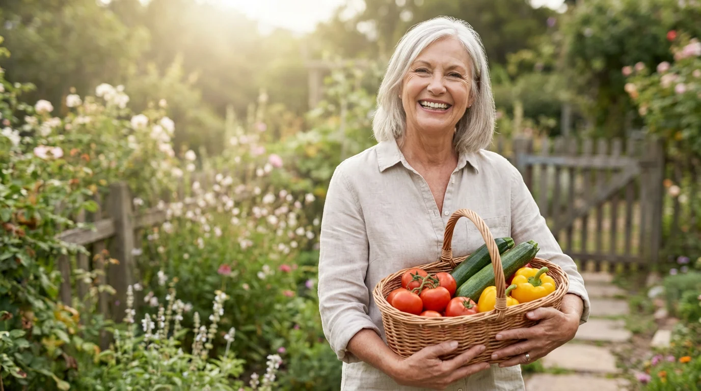 A healthy senior woman smiling, holding a basket of fresh vegetables from her garden.