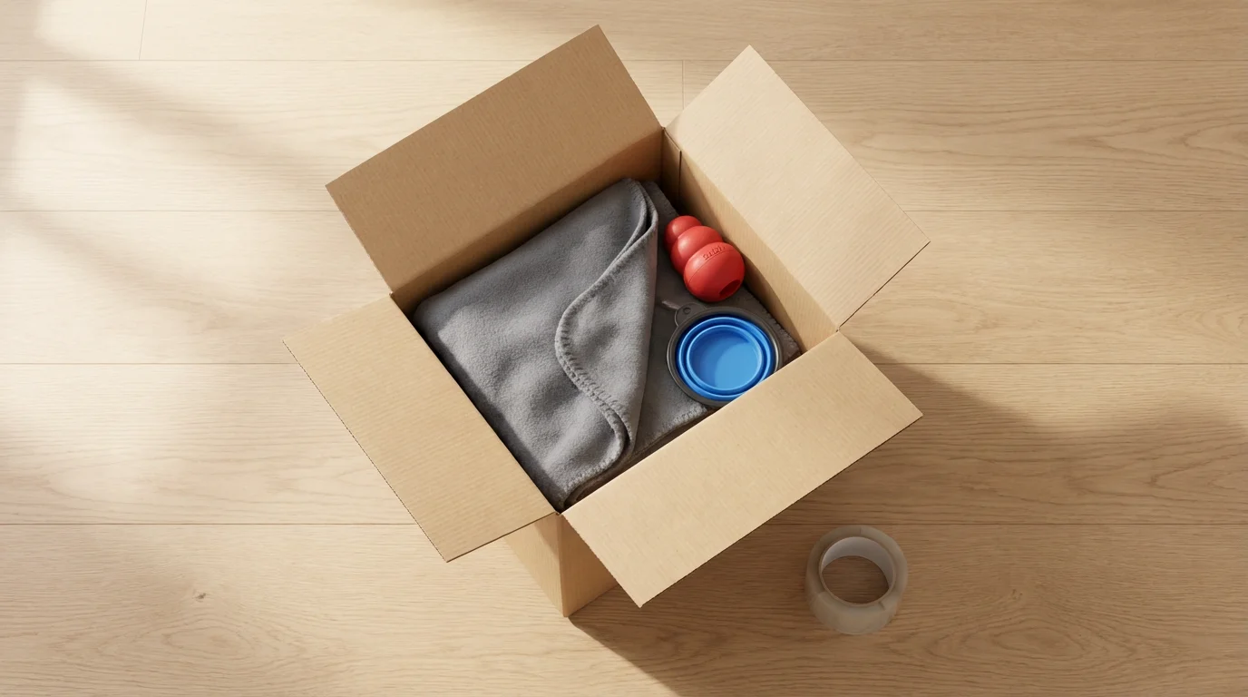 A high-angle flat lay of a moving box packed with a pet blanket and toys.