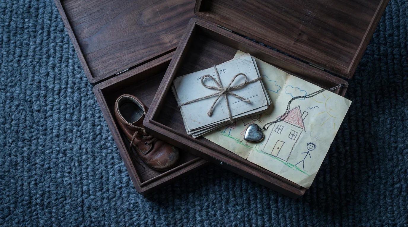 A high angle flat lay of an open wooden keepsake box with sentimental items.