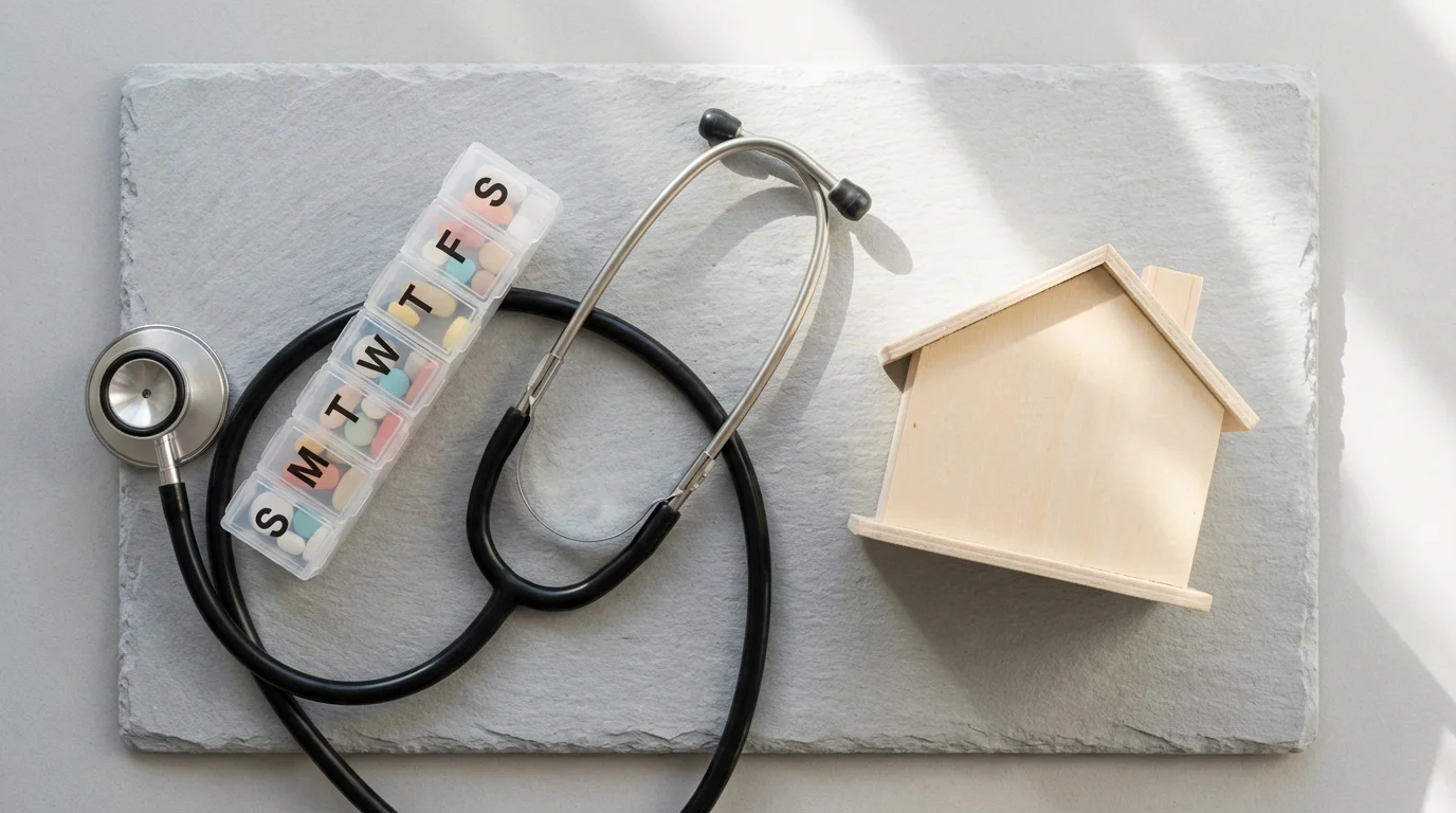 A high-angle photo of a stethoscope, a pill organizer, and a model house.