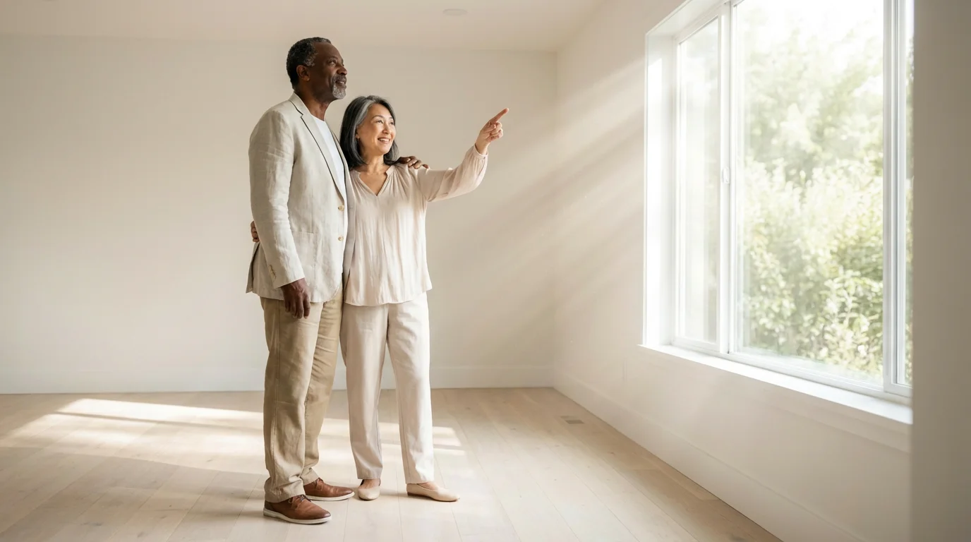 A hopeful senior couple viewed from a low angle in a sunlit, modern, empty room.